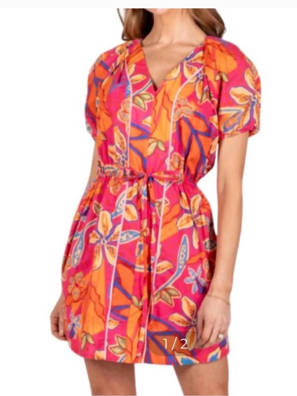 Nwt Willa Story Ella Pink & Orange Floral Tie-Waist Dress